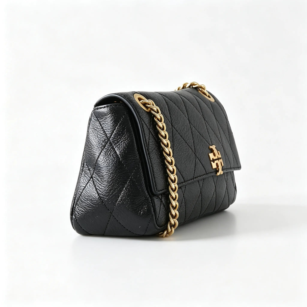Tory Burch Kira, black calfskin leather adjustable twist chain shoulder strap  multiple carrying options for women