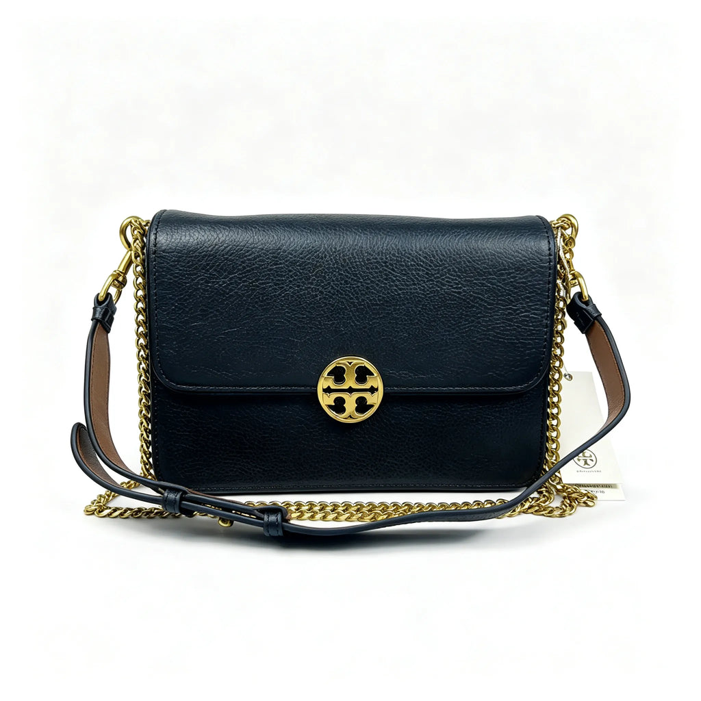 Tory Burch Chelsea | Black pebbled leather with a detachable chain and leather shoulder strap multiple carrying options women's designer handbag