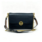 Tory Burch Chelsea | Black pebbled leather with a detachable chain and leather shoulder strap multiple carrying options women's designer handbag