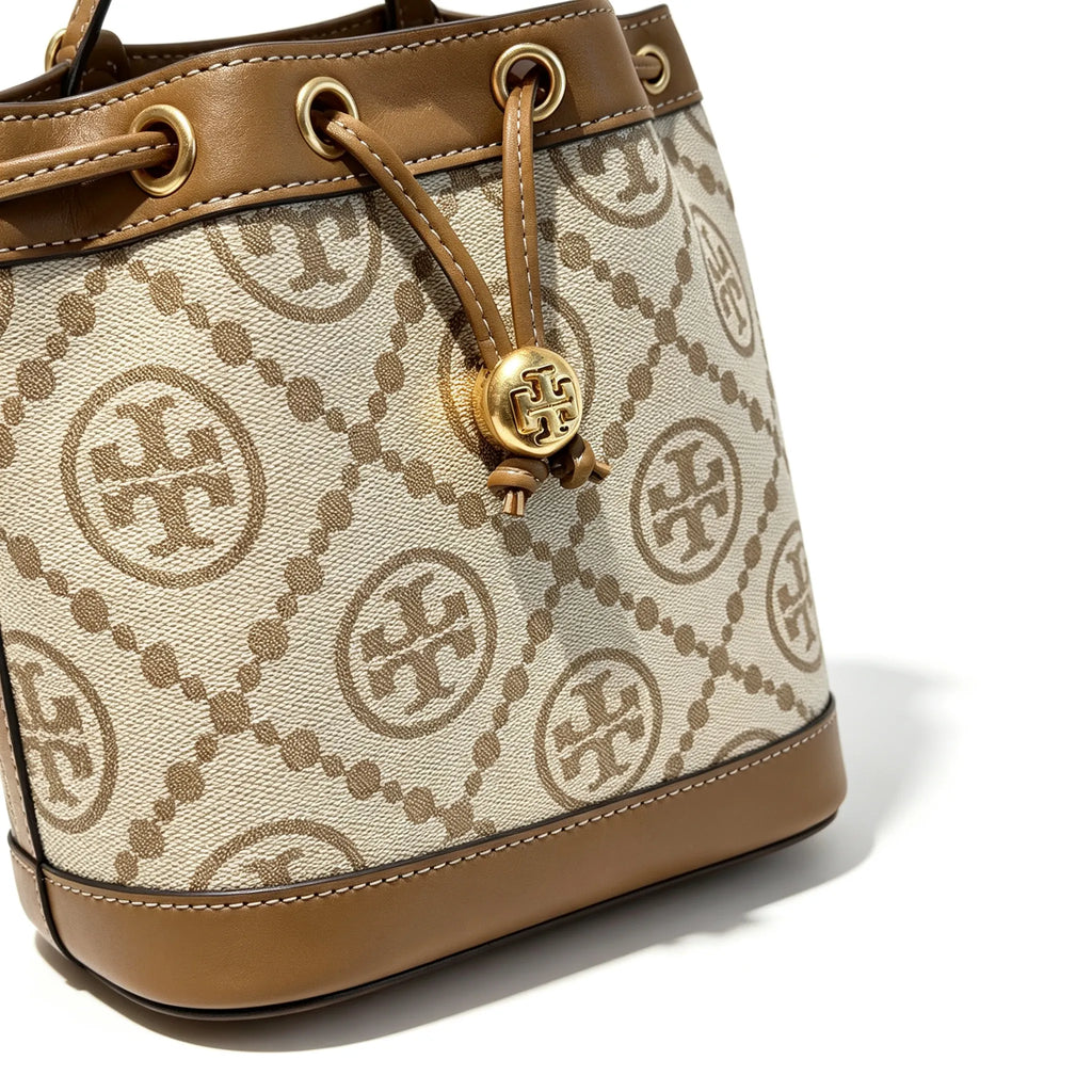 Tory Burch T Monogram | Beige and hazelnut jacquard fabric  drawstring closure and adjustable shoulder strap women's casual and weekend getaway tote bag