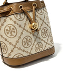 Tory Burch T Monogram | Beige and hazelnut jacquard fabric  drawstring closure and adjustable shoulder strap women's casual and weekend getaway tote bag