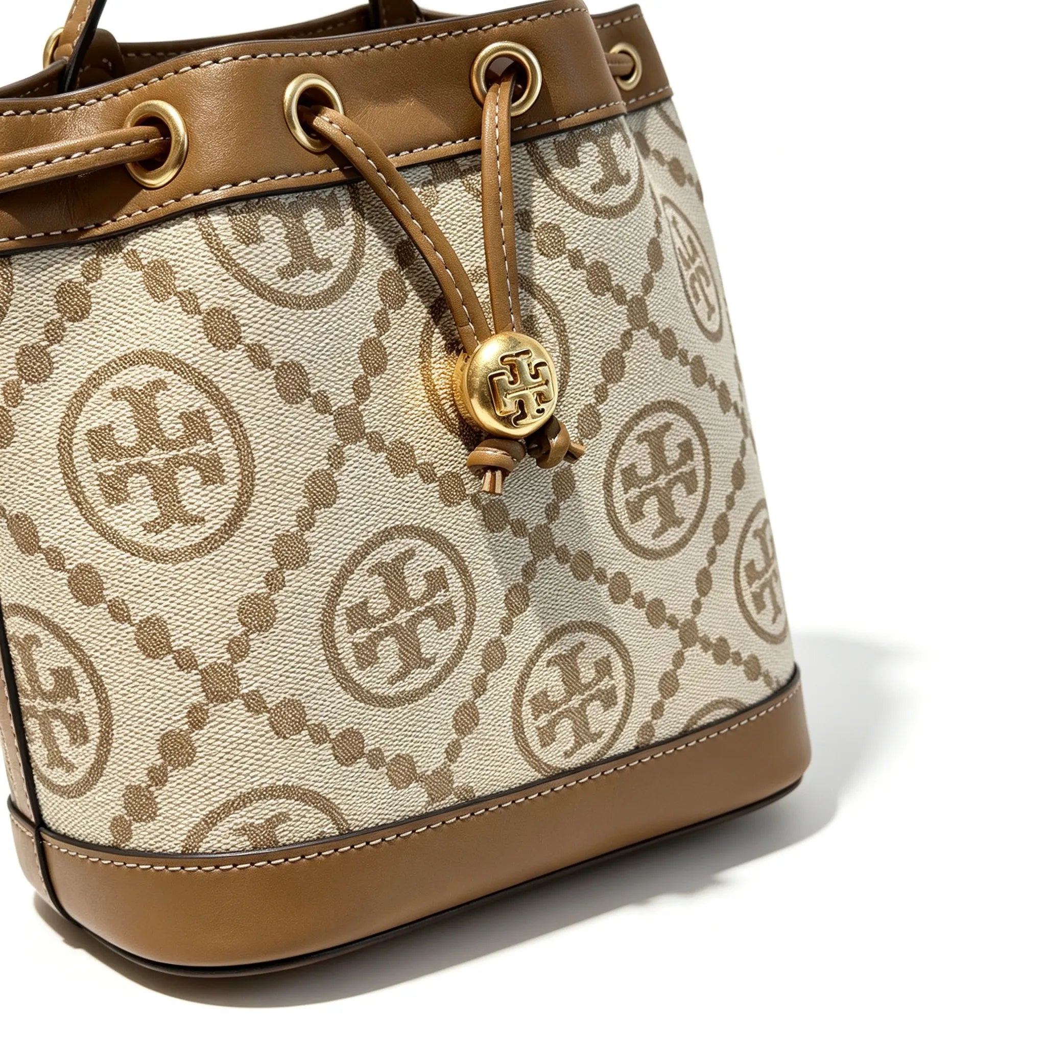 Tory Burch T Monogram | Beige and hazelnut jacquard fabric  drawstring closure and adjustable shoulder strap women's casual and weekend getaway tote bag