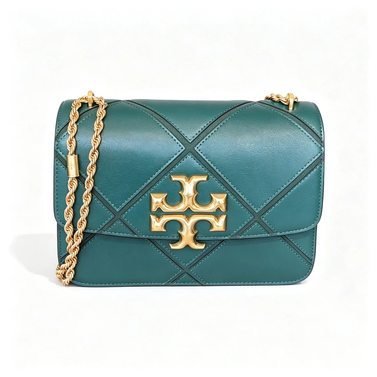 Tory Burch Eleanor in deep sea green with a gold double-T adjustable twist chain shoulder strap offering multiple carrying options for women