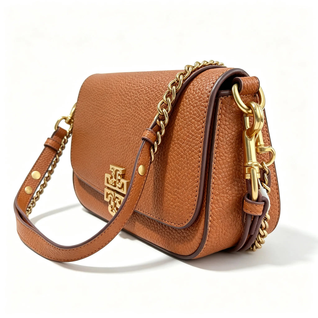 Tory Burch Britten caramel brown adjustable shoulder strap and zippered lining a small everyday bag for women