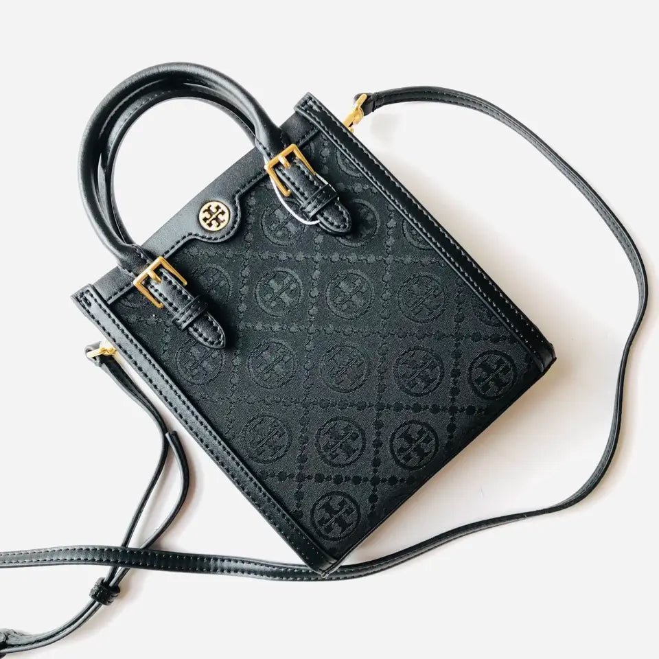 Tory Burch T Monogram | Off-white embossed canvas with brown leather trim detachable shoulder strap  women's designer mini handbag