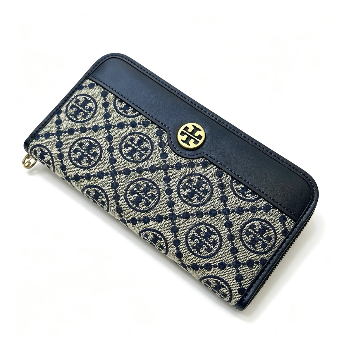 Tory Burch T Monogram wallet in navy and beige Monogram canvas, long with multiple card slots and a zipper