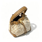 Tory Burch T Monogram | Beige and hazelnut jacquard fabric  drawstring closure and adjustable shoulder strap women's casual and weekend getaway tote bag