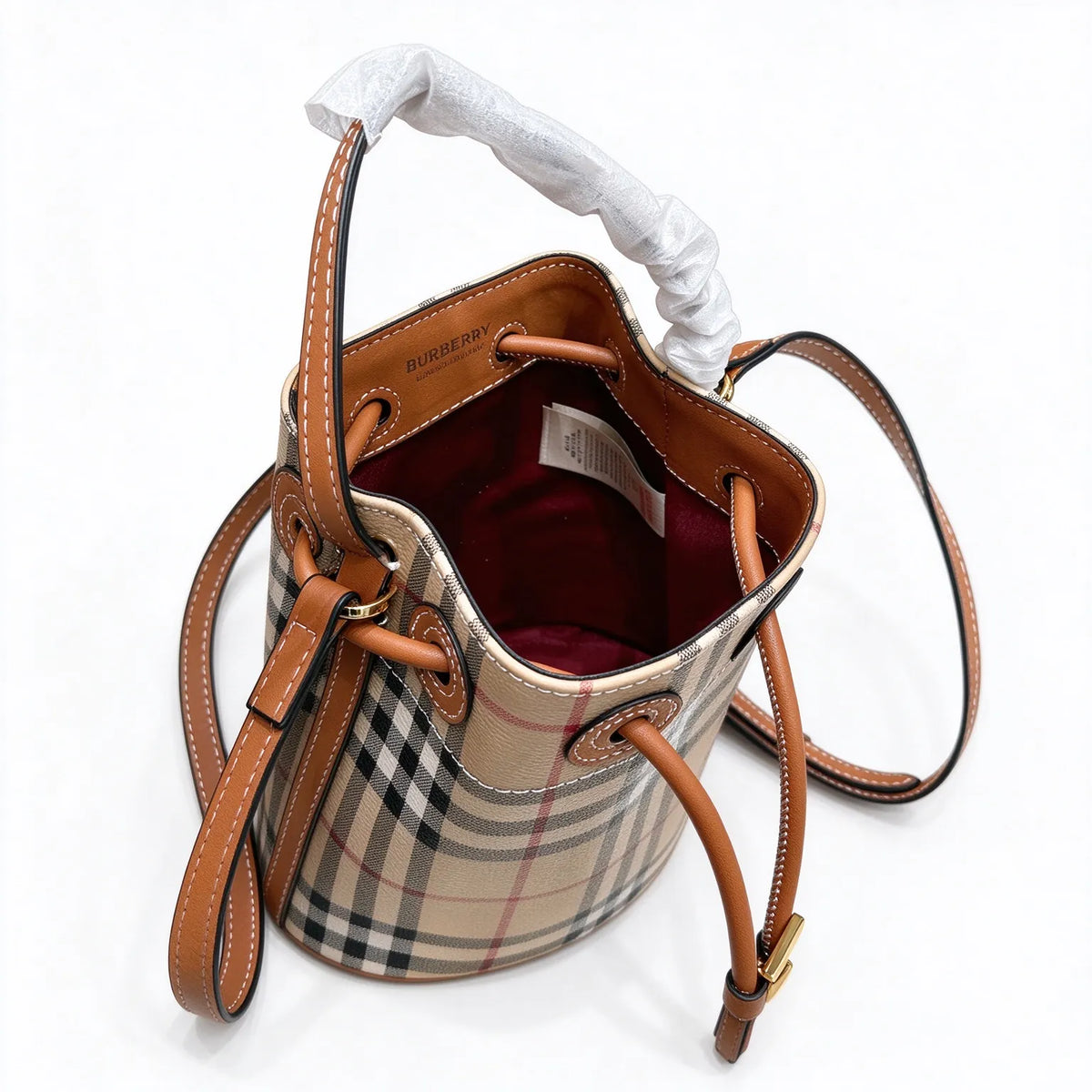 Burberry Mini Vintage Check Bucket Bag Archive Beige | TB Monogram Drawstring Calfskin Leather Mini Shoulder Crossbody Bag Women's