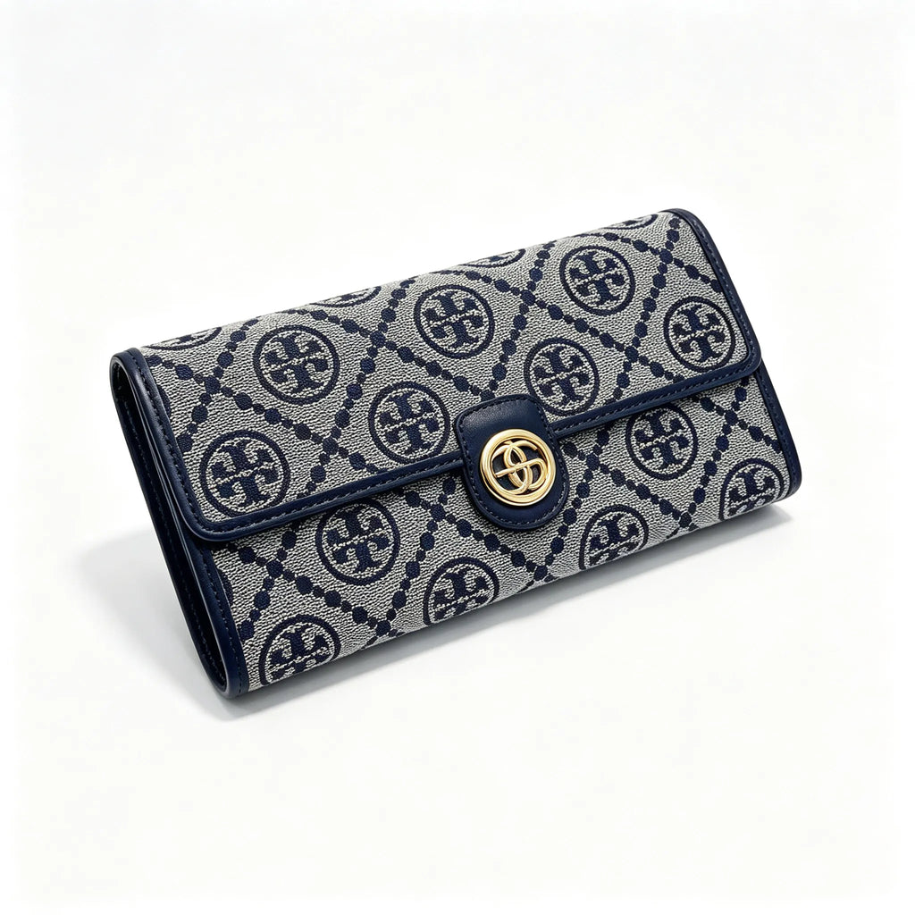 Tory Burch T Monogram Navy Blue and Beige Monogram Canvas Foldable Women's Clutch