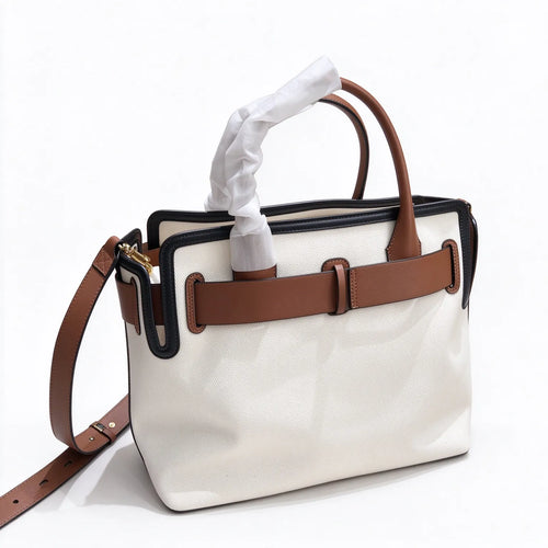 Burberry Horseferry Canvas Tote Bag | Logo Shopper with Brown Leather Strap & Black Trim — Natural/Tan/Black