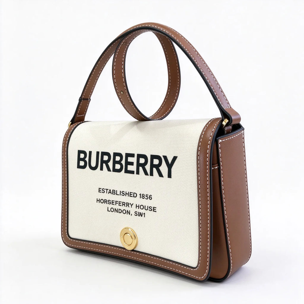 Burberry Horseferry Canvas Crossbody Bag | Logo Printed Leather Trim Flap Shoulder Bag — Natural/Brown