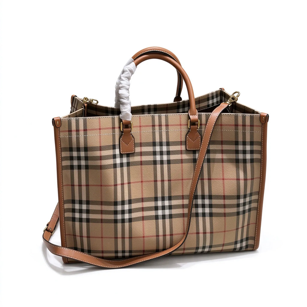 Burberry Freya Vintage Check Large Tote Bag | Canvas Leather Top Handle & Shoulder Bag — Archive Beige