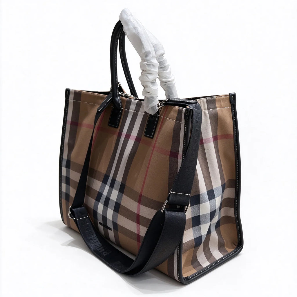 Burberry Large Vintage Check Tote Bag | Logo Woven Strap Commuter Laptop Bag — Archive Beige/Black