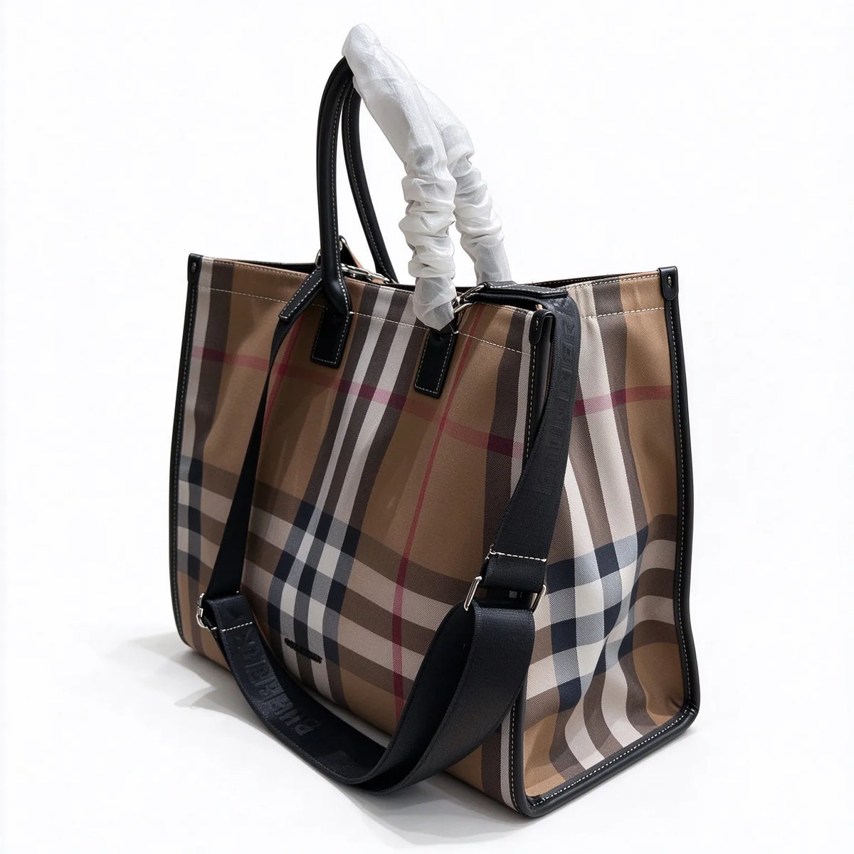 Burberry Large Vintage Check Tote Bag | Logo Woven Strap Commuter Laptop Bag — Archive Beige/Black