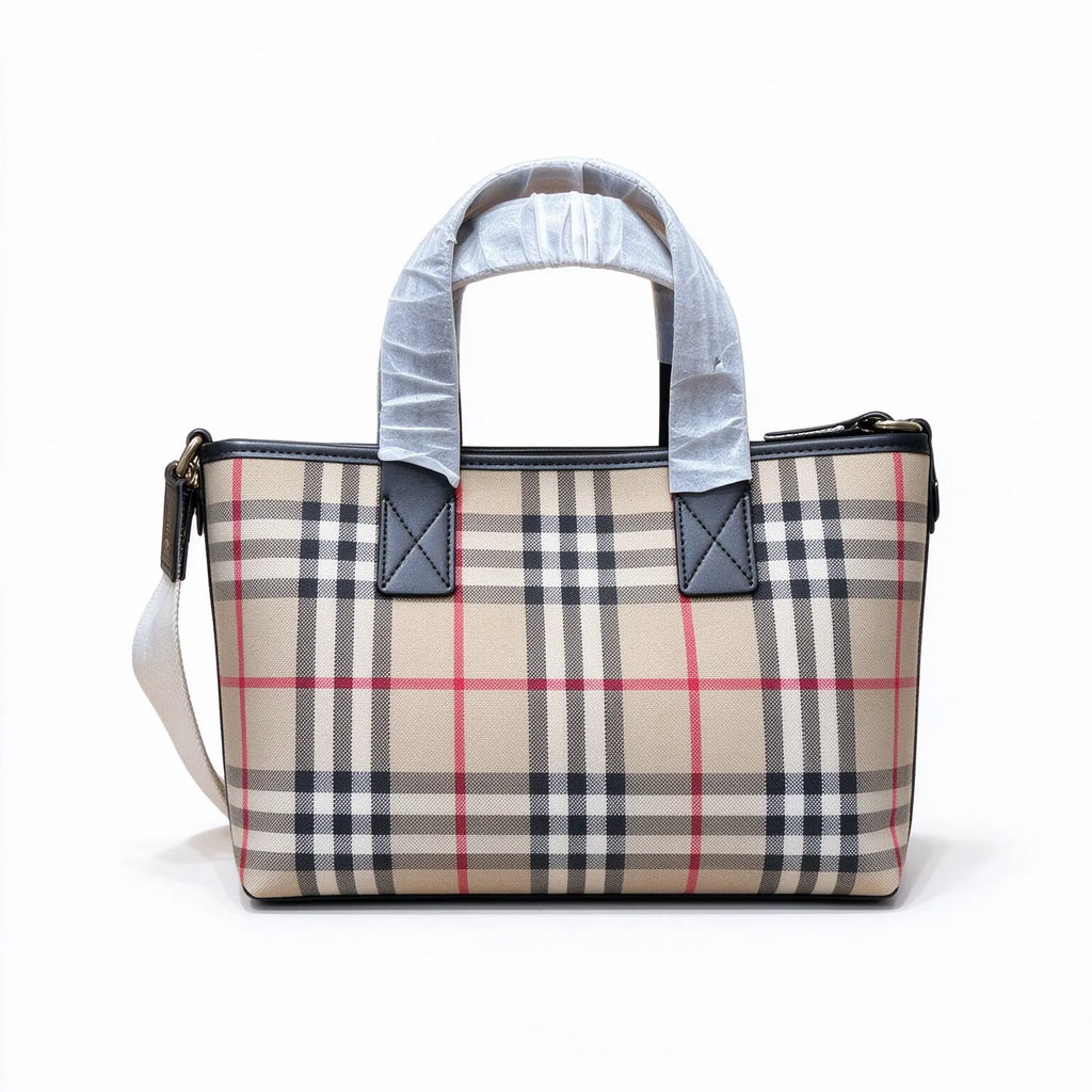Burberry House Check Tartan Canvas Tote Bag | Black Leather Trim Zip-Top Shoulder Bag — Archive Beige/Black