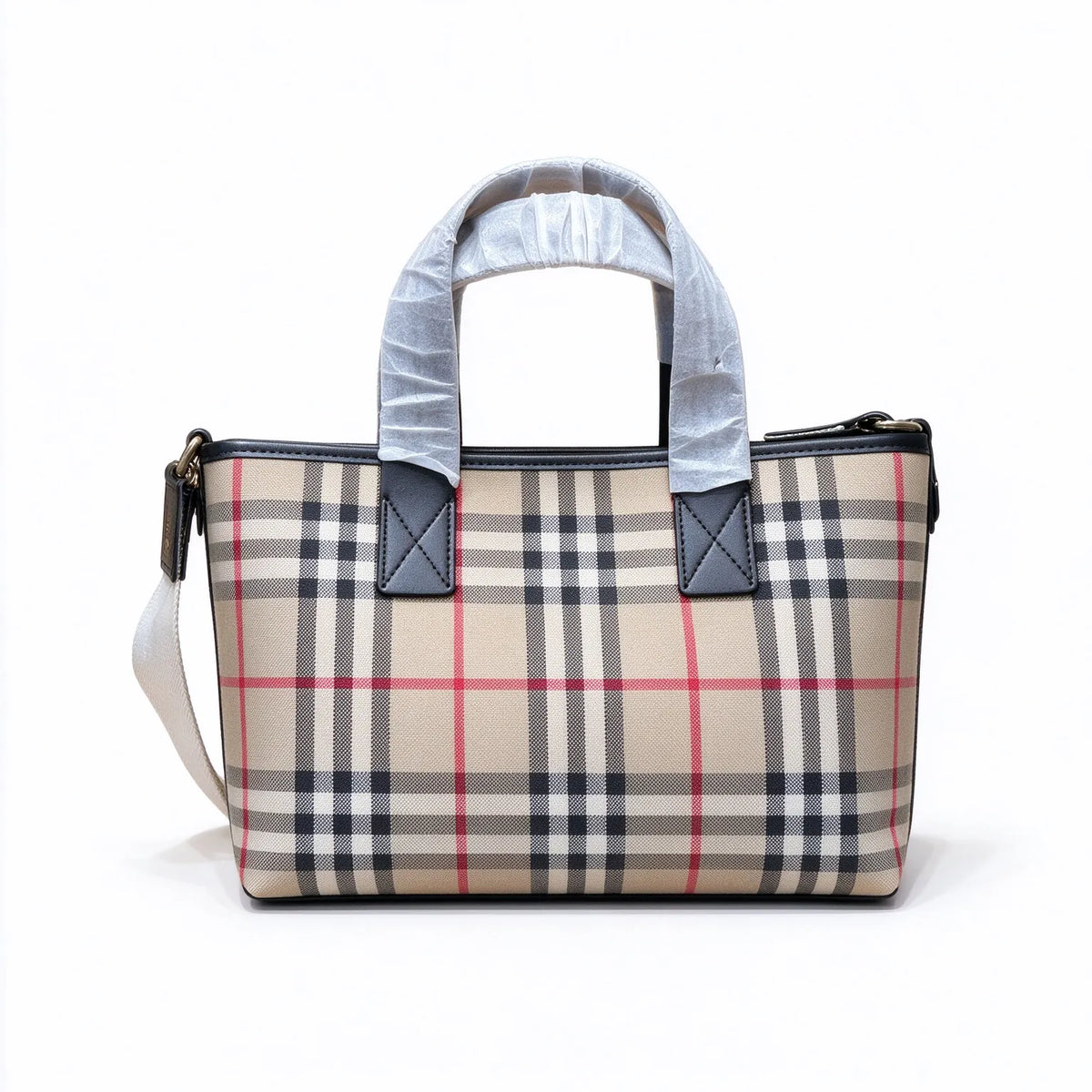 Burberry House Check Tartan Canvas Tote Bag | Black Leather Trim Zip-Top Shoulder Bag — Archive Beige/Black