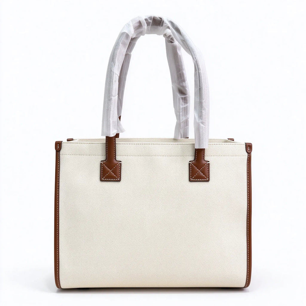 Burberry Freya Horseferry Canvas Tote Bag | Logo Printed Leather Trim Top Handle Shoulder Bag — Natural/Tan