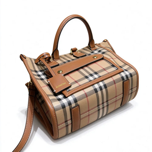 Burberry Freya Vintage Check Mini Tote Bag | Compact Canvas Leather Top Handle Crossbody — Archive Beige/Briar Brown