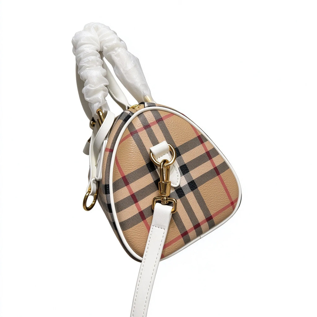 Burberry Vintage Check Mini Boston Bag | Grained Leather Trim Barrel Shoulder Crossbody Bag — Archive Beige/Chalk White