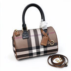 Burberry House Check Bowling Bag | Classic Tartan Canvas Boston Handbag with Leather Trim & Shoulder Strap — Brown/Black