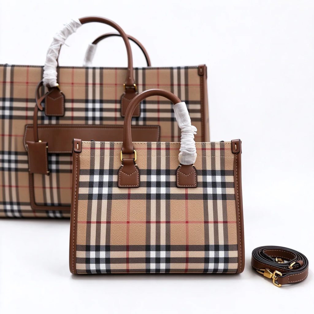 Burberry Freya Vintage Check Tote Bag | Canvas Leather Top Handle & Crossbody Shoulder Bag - Archive Beige