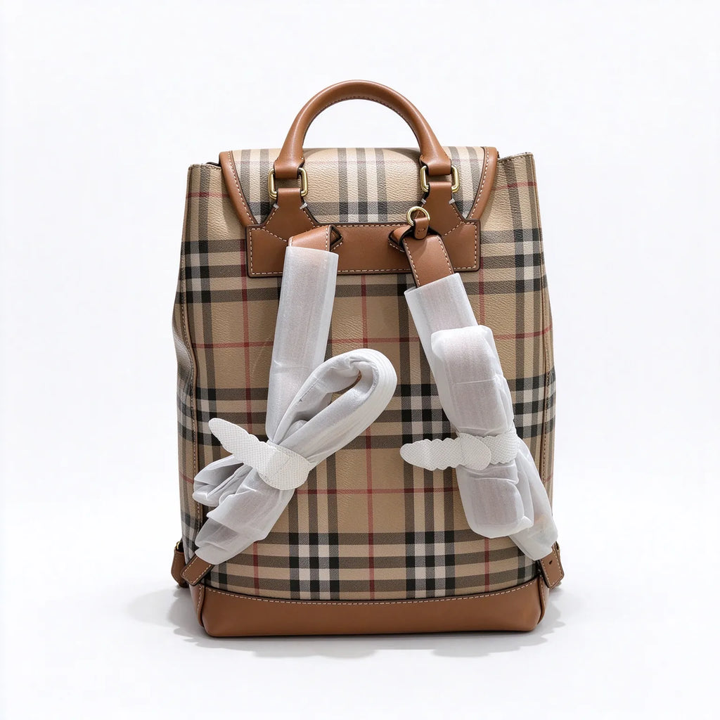 Burberry Vintage Check Drawstring Backpack | Grained Leather Trim Rucksack — Archive Beige/Tan