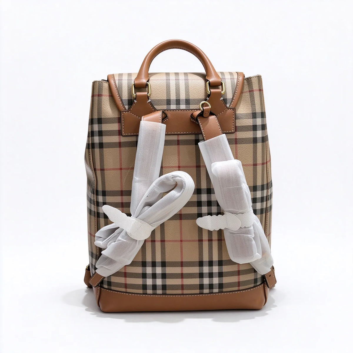 Burberry Vintage Check Drawstring Backpack | Grained Leather Trim Rucksack — Archive Beige/Tan