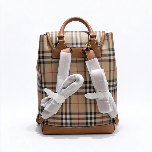Burberry Vintage Check Drawstring Backpack | Grained Leather Trim Rucksack — Archive Beige/Tan