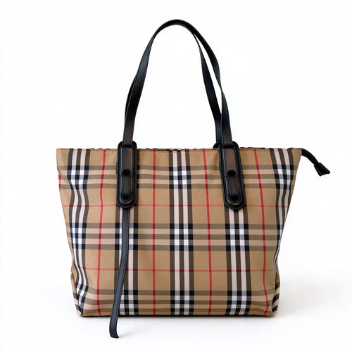 Burberry Nova Check Large Tote Bag with Matching Pouch Set | 2-in-1 Canvas Leather Shopper Shoulder Bag — Archive Beige/Black