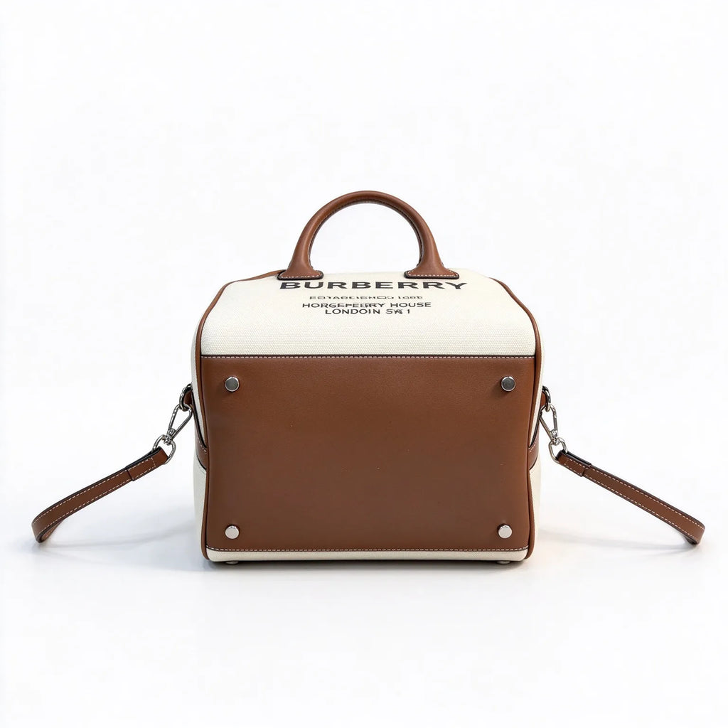 Burberry Mini Boston Bag Horseferry Canvas Leather Trim Dome Bowling Shoulder Bag