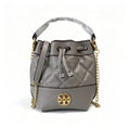 Tory Burch Willa | Grey-brown lambskin leatheradorned with a gold double-T logo detachable chain shoulder strap  drawstring closure  women's designer handbag