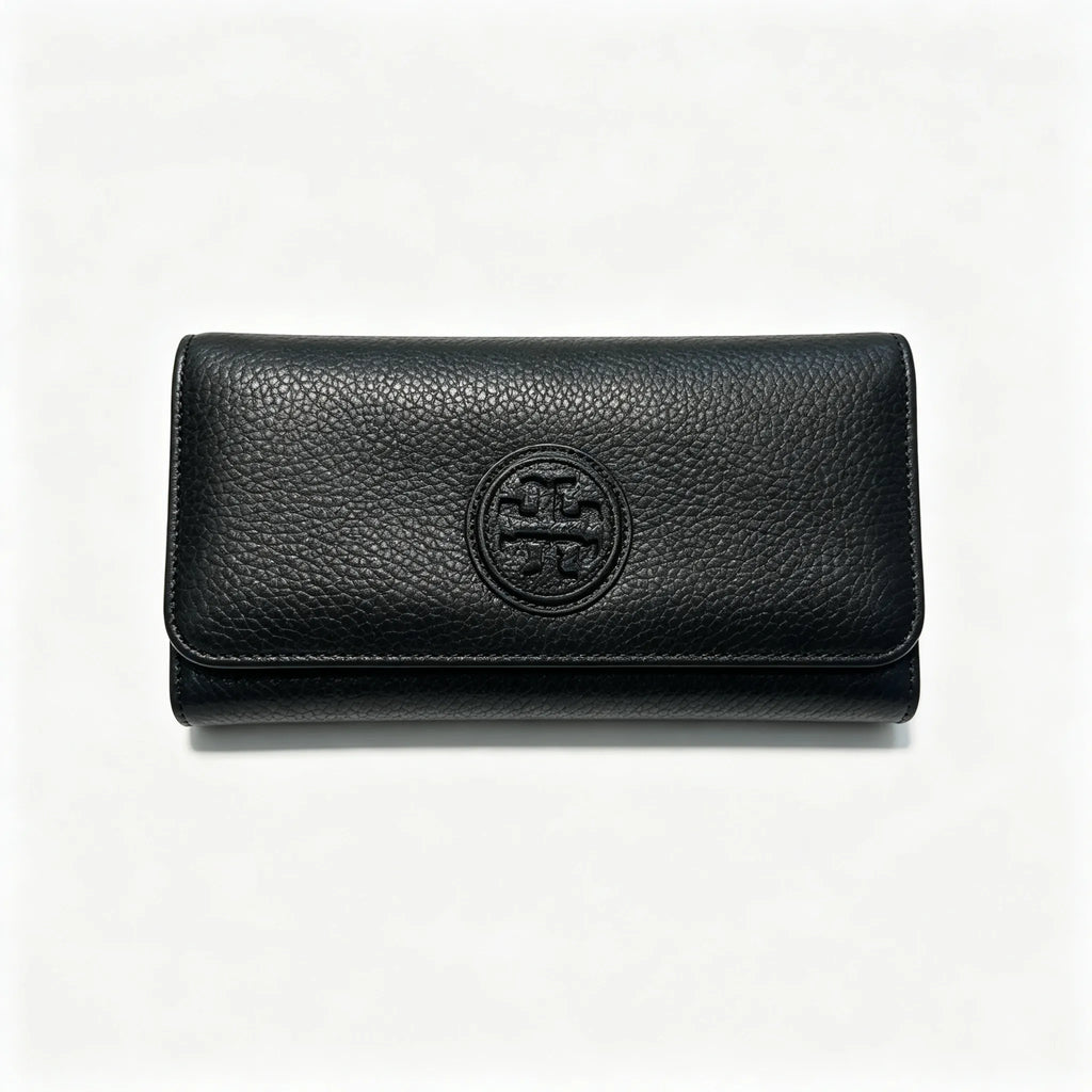 Tory Burch Parker black pebbled leather wallet with multiple card slots and a zippered coin pocket foldable long women's wallet