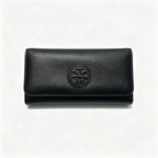 Tory Burch Parker black pebbled leather wallet with multiple card slots and a zippered coin pocket foldable long women's wallet