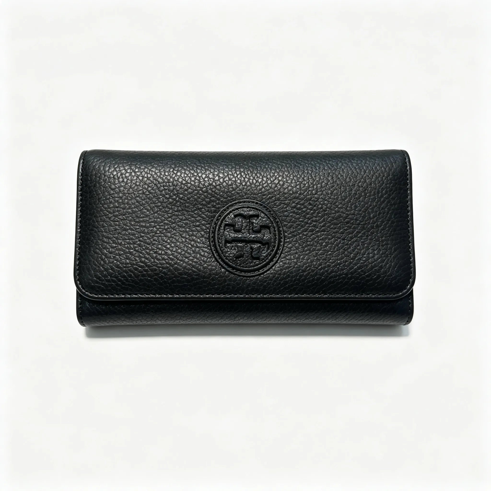 Tory Burch Parker black pebbled leather wallet with multiple card slots and a zippered coin pocket foldable long women's wallet