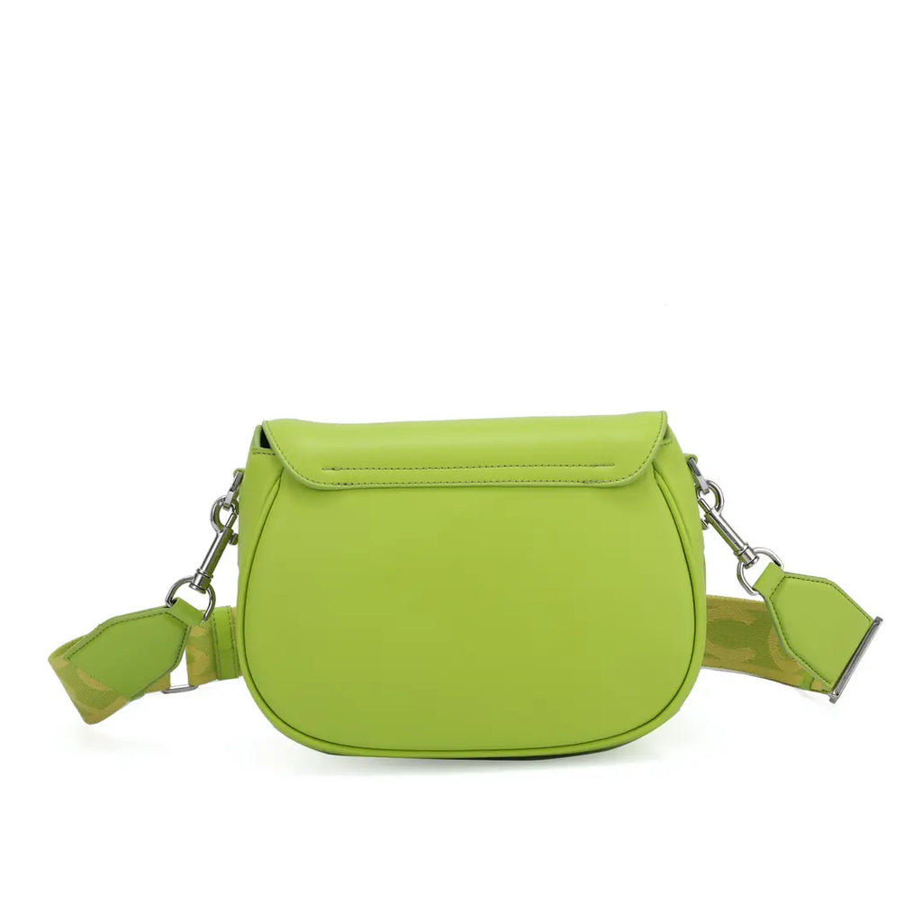 Marc Jacobs J Marc Saddle Bag, bright green smooth leather crossbody bag with brand logo shoulder strap.