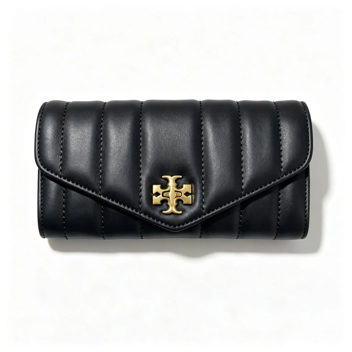 Tory Burch Kira burgundy quilted Nappa leather clutch with multiple card slots and a zippered coin purse