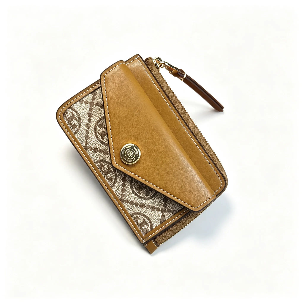 Tory Burch T-pattern keychain card holder | Hazelnut brown canvas with letter pattern multi-card slots comes with a detachable wrist strap  T-pattern keychain card holder