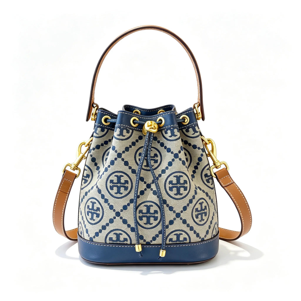Tory Burch T Monogram | Navy blue and beige Monogram fabric leather trim  adjustable shoulder strap drawstring closure  women's designer mini jacquard bucket bag