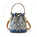 Tory Burch T Monogram | Navy blue and beige Monogram fabric leather trim  adjustable shoulder strap drawstring closure  women's designer mini jacquard bucket bag