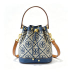 Tory Burch T Monogram | Navy blue and beige Monogram fabric leather trim  adjustable shoulder strap drawstring closure  women's designer mini jacquard bucket bag