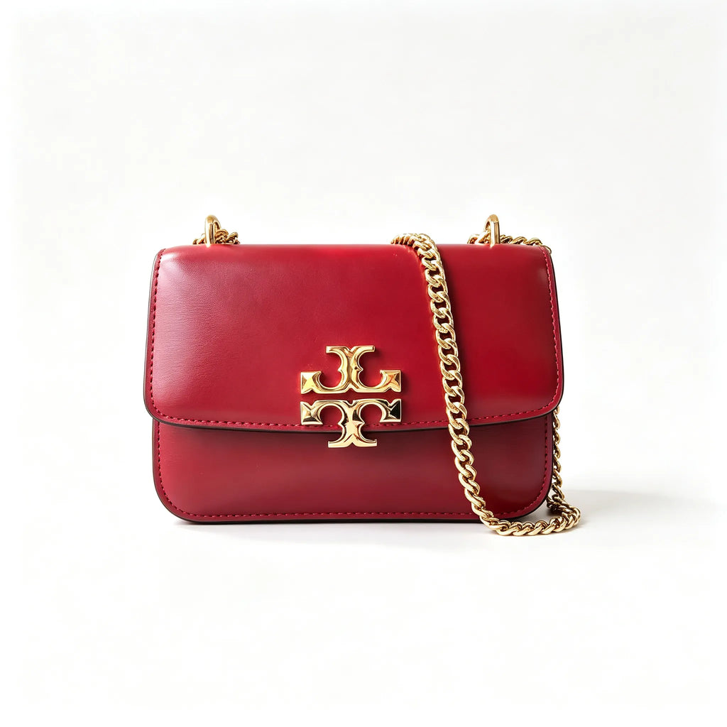 Tory Burch Eleanor ruby red calfskin leather adjustable twist chain shoulder strap multi-angle carrying option for women