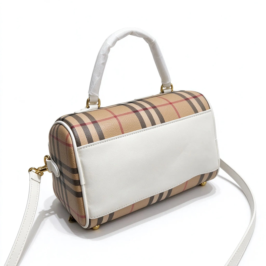 Burberry Vintage Check Mini Boston Bag | Grained Leather Trim Barrel Shoulder Crossbody Bag — Archive Beige/Chalk White