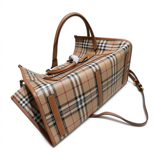 Burberry Freya Vintage Check Large Tote Bag | Canvas Leather Top Handle & Shoulder Bag — Archive Beige