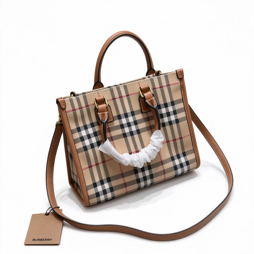 Burberry Freya Vintage Check Mini Tote Bag | Compact Canvas Leather Top Handle Crossbody — Archive Beige/Briar Brown