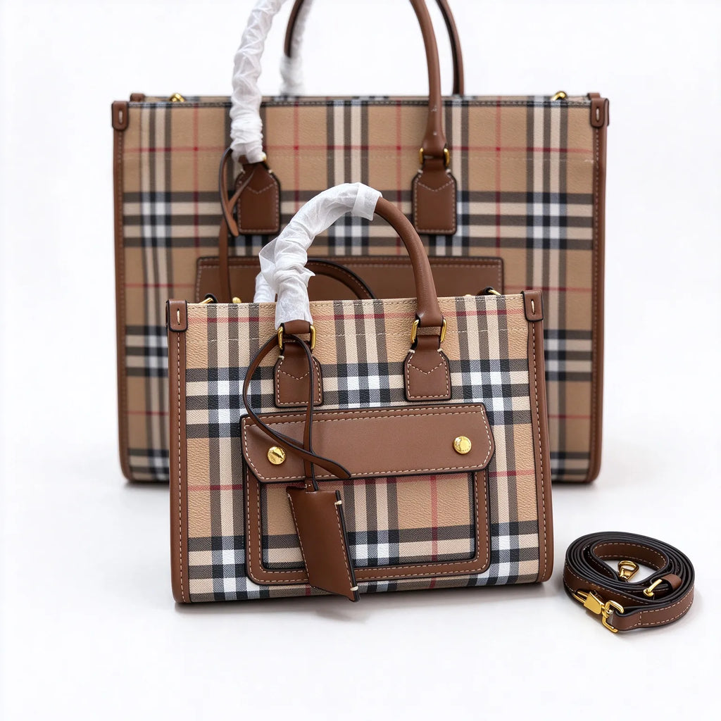 Burberry Freya Vintage Check Tote Bag | Canvas Leather Top Handle & Crossbody Shoulder Bag - Archive Beige