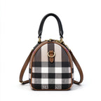 Burberry House Check Bowling Bag | Classic Tartan Canvas Boston Handbag with Leather Trim & Shoulder Strap — Brown/Black