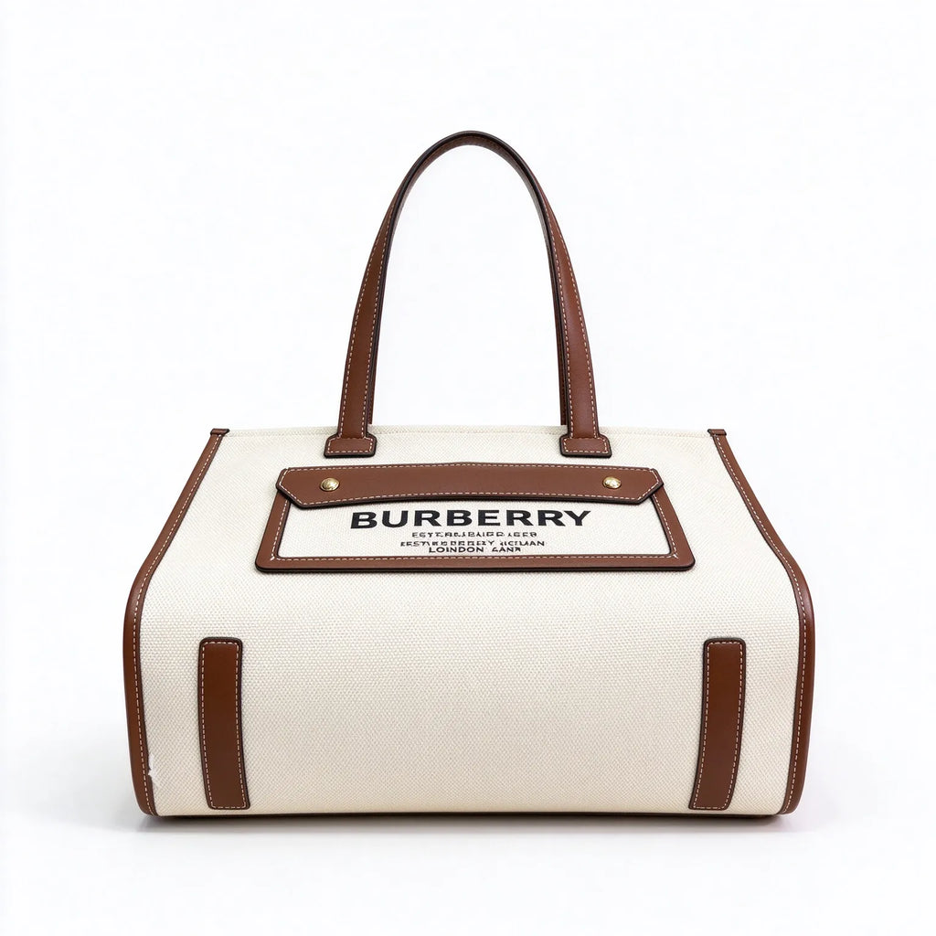 Burberry Freya Horseferry Canvas Tote Bag | Logo Printed Leather Trim Top Handle Shoulder Bag — Natural/Tan