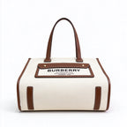 Burberry Freya Horseferry Canvas Tote Bag | Logo Printed Leather Trim Top Handle Shoulder Bag — Natural/Tan