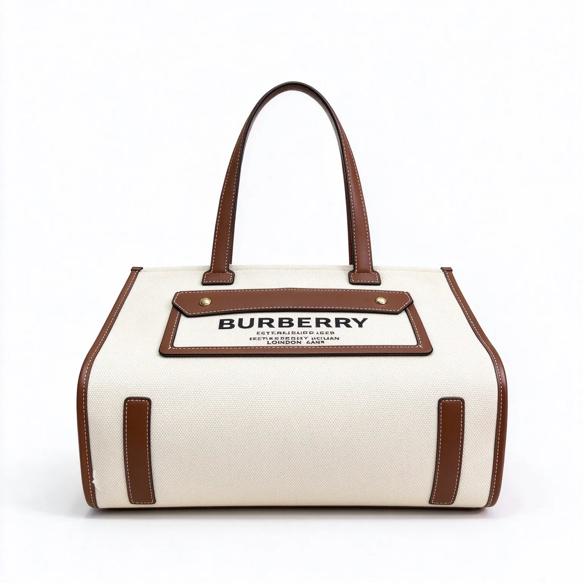Burberry Freya Horseferry Canvas Tote Bag | Logo Printed Leather Trim Top Handle Shoulder Bag — Natural/Tan