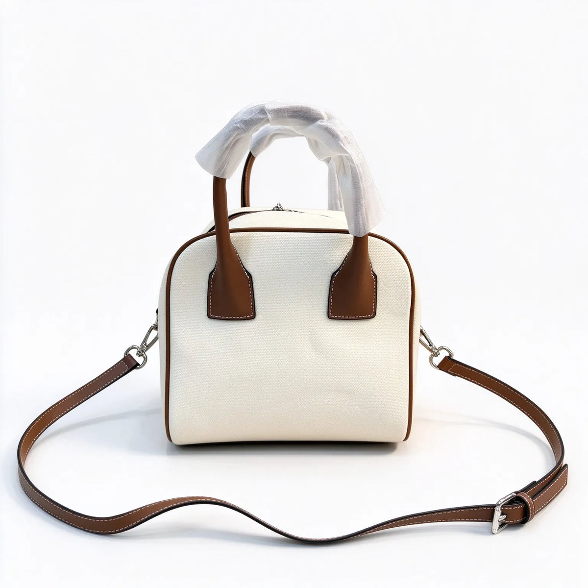 Burberry Mini Boston Bag Horseferry Canvas Leather Trim Dome Bowling Shoulder Bag